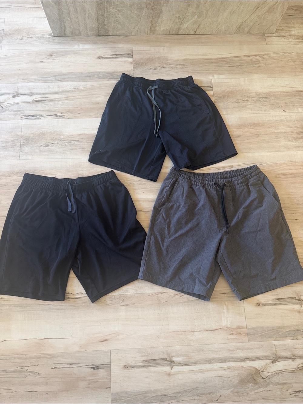 Lot of 3 Men's Athletic Pull-On Shorts - Black & Charcoal, drawstring & pockets